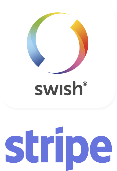Swish och Stripes logotyper visas som betalningsalternativ för betalsystemet FlexyPay.